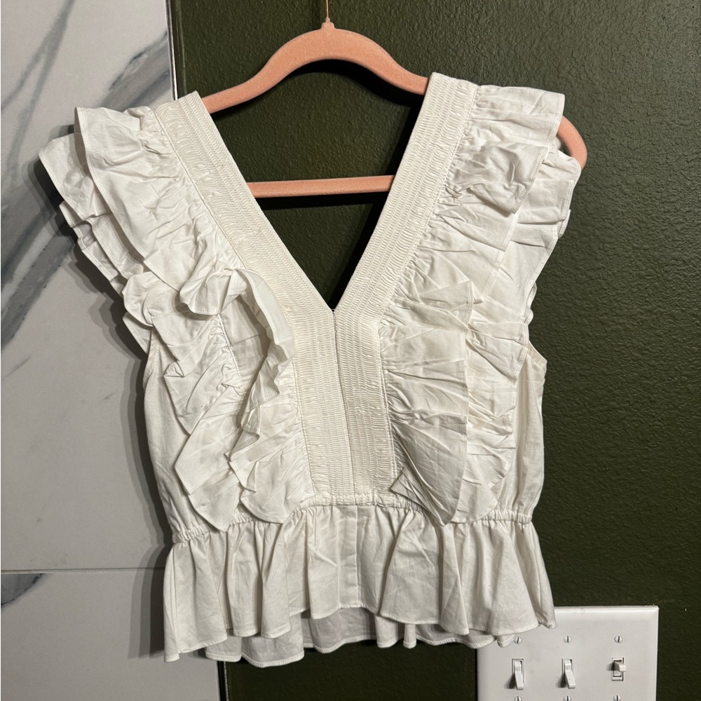 White Ruffled V-Neck Top - Picture 1 of 1
